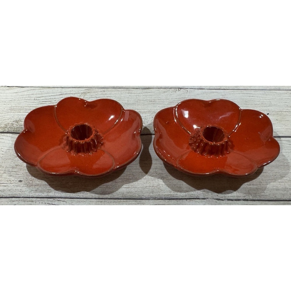 Pair of Frankoma Pottery Flame Red Orange Candle Stick Holders